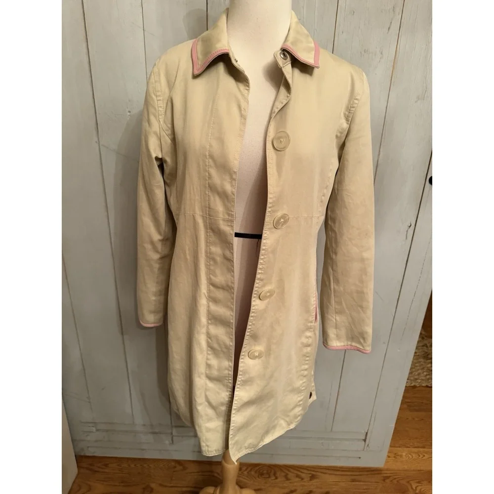 Coach Leatherware Rain Trench Coat Women's Size 4 Tan‎ & Pink Trim Cotton Lined